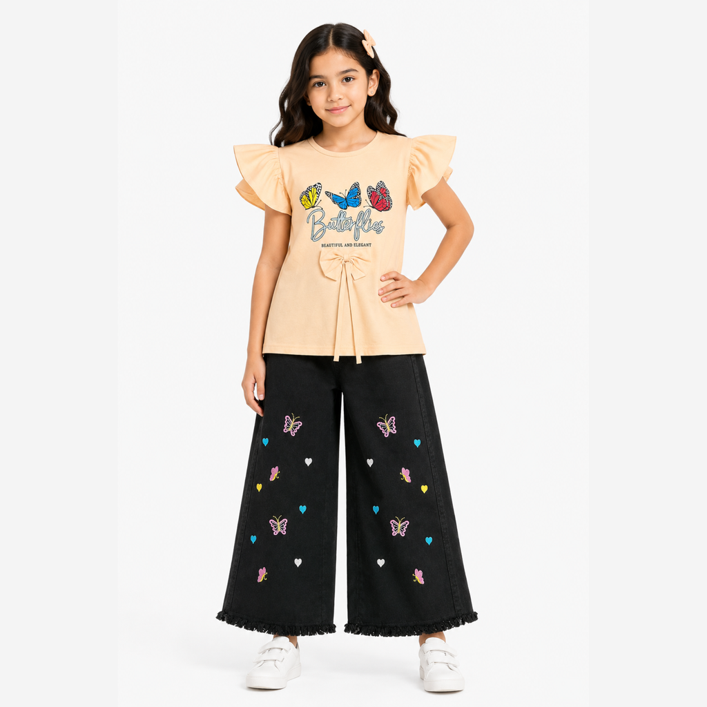 Girls Butterfly T-Shirt & Black Denim Jeans Set