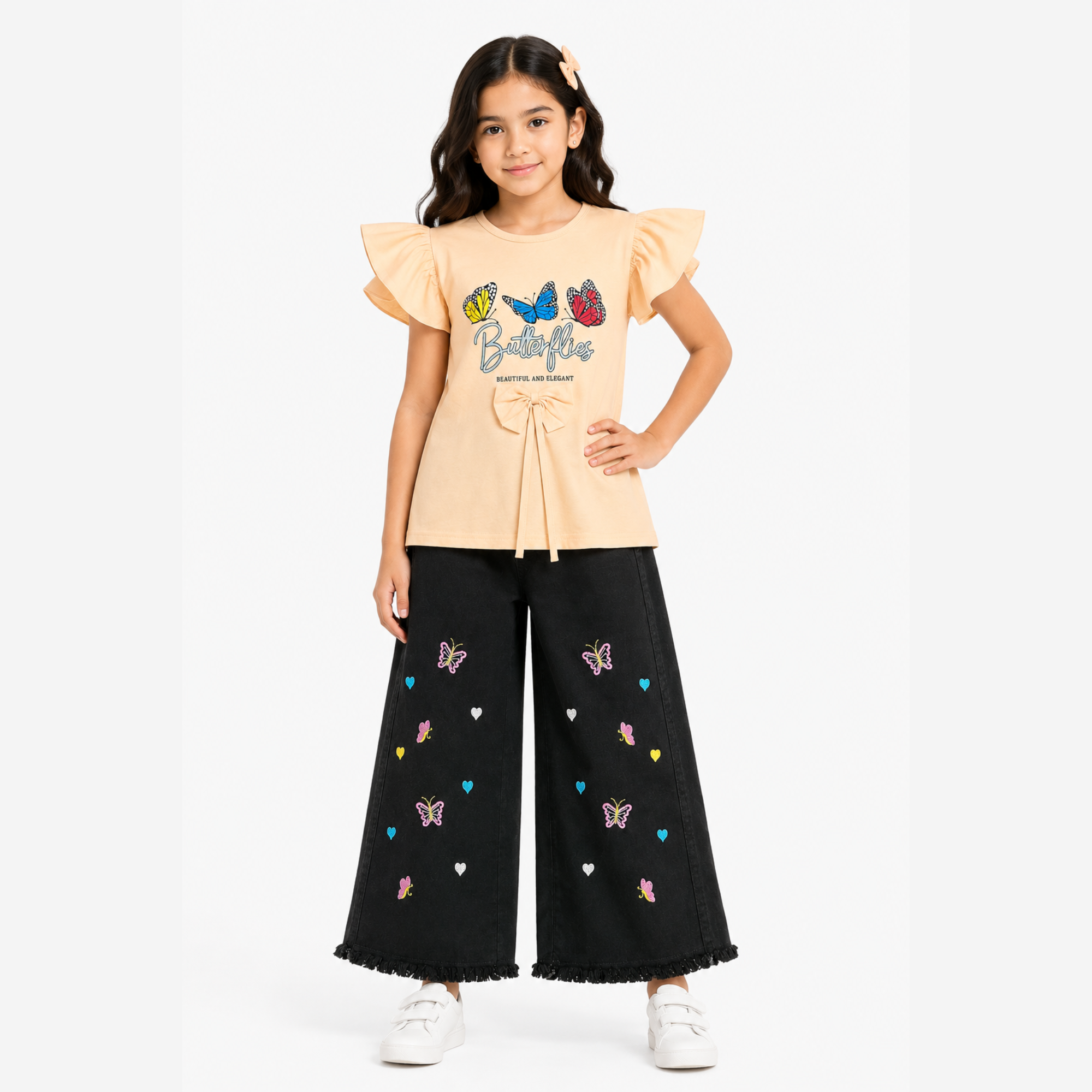 Girls Butterfly T-Shirt & Black Denim Jeans Set
