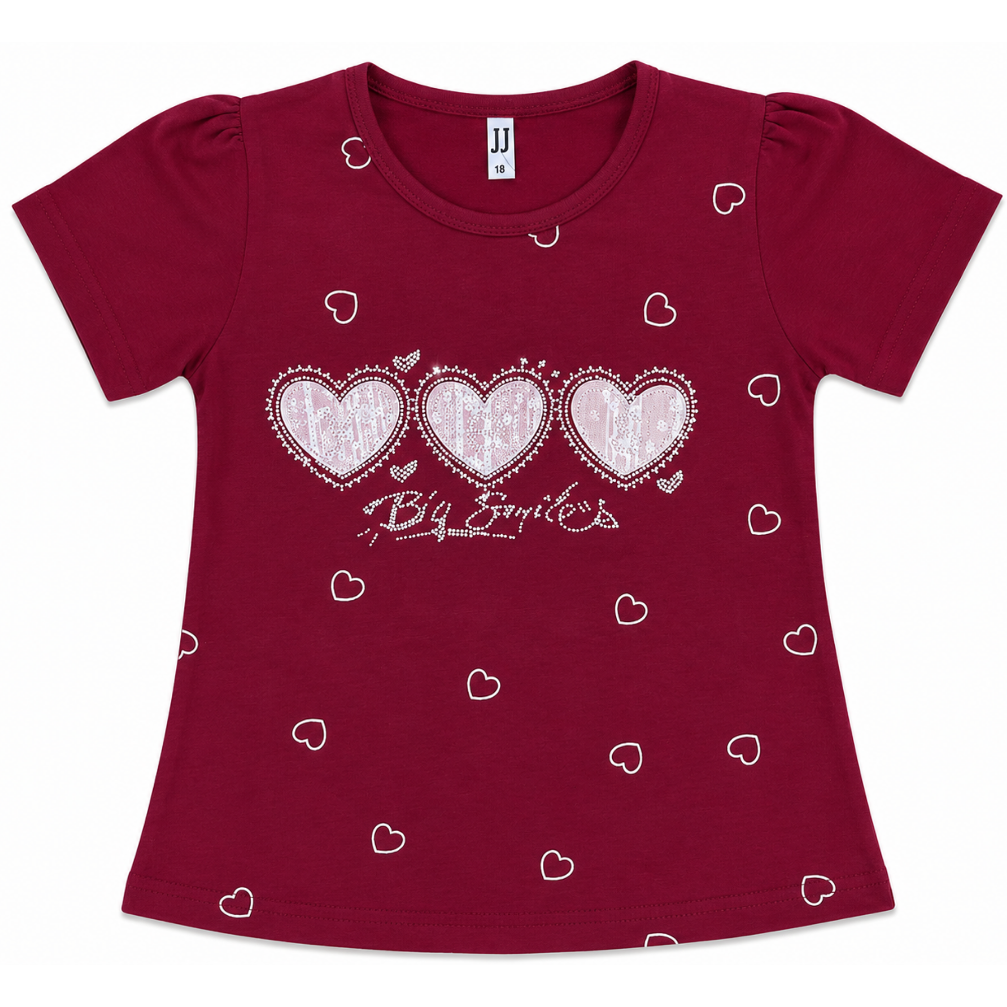 Girls Maroon Heart Print T-Shirt