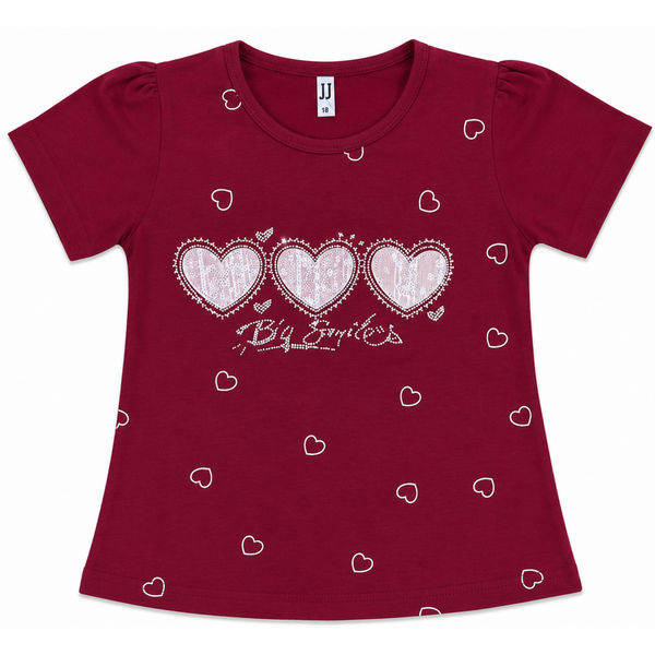 Girls Maroon Heart Print T-Shirt