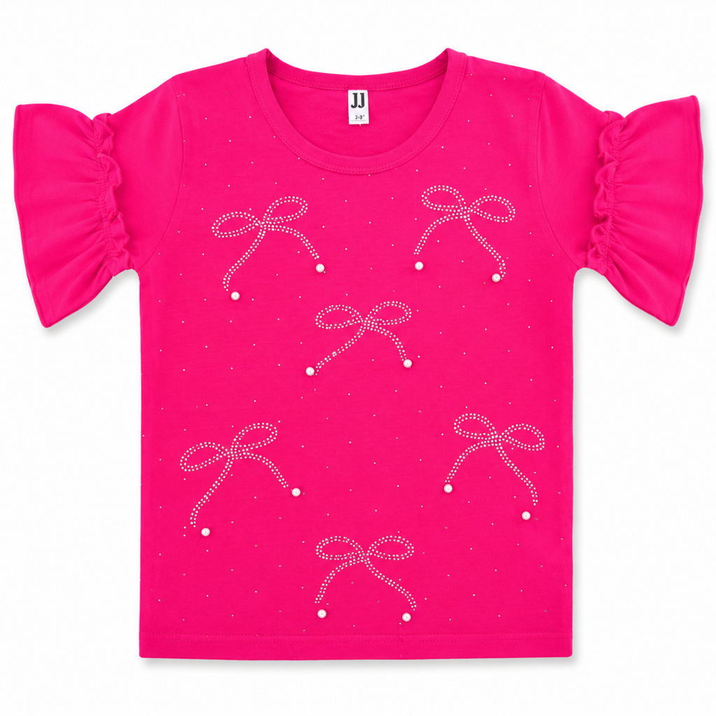 Girls Pink Bow Pearl T-Shirt