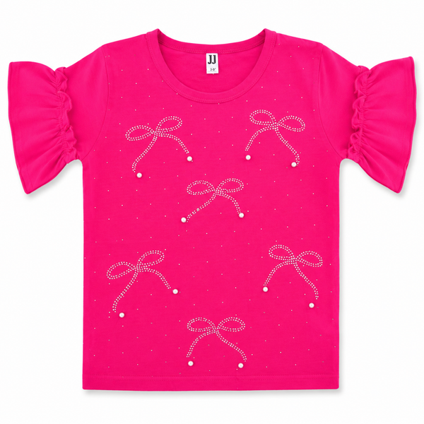 Girls Pink Bow Pearl T-Shirt