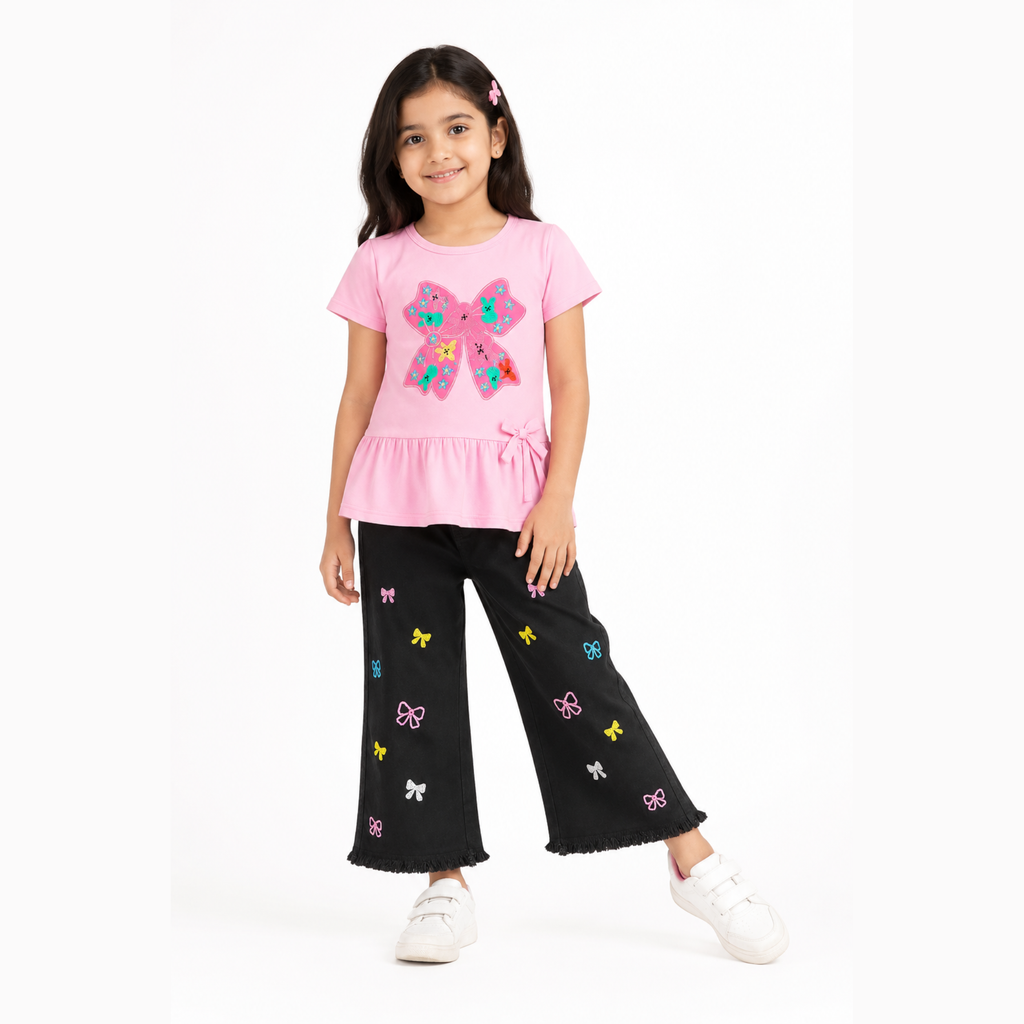 Girls Pink T-Shirt & Black Embroidered Denim Jeans Set