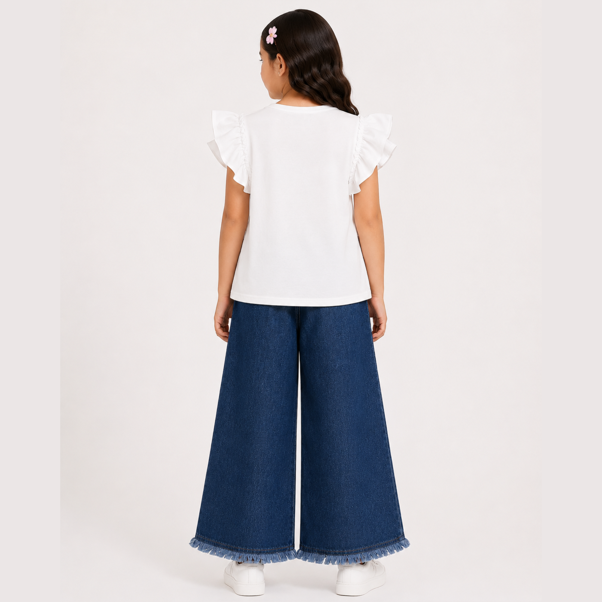 Girls White T-Shirt & Blue Denim Jeans Set