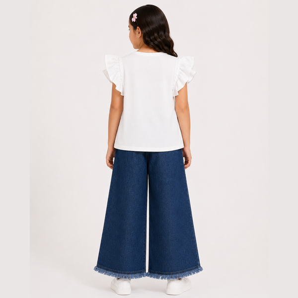 Girls White T-Shirt & Blue Denim Jeans Set