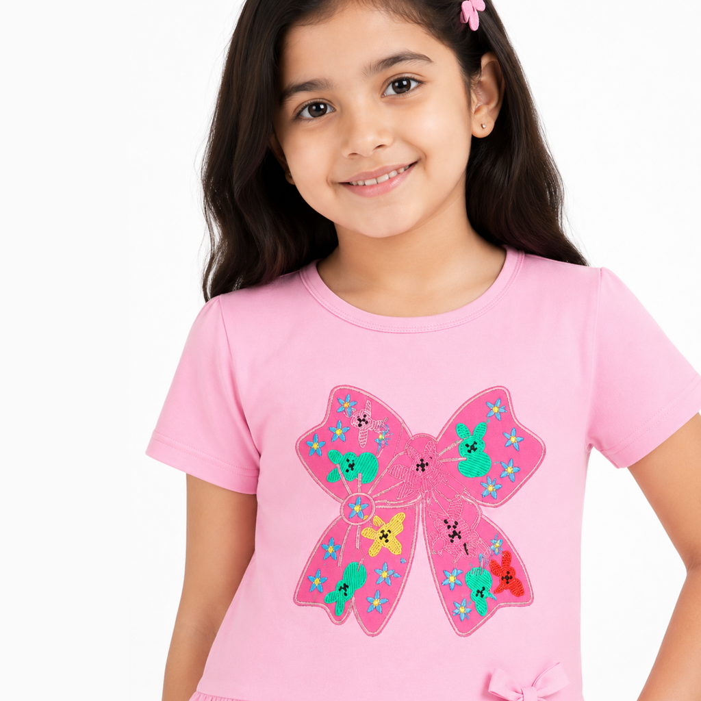 Girls Pink T-Shirt & Black Embroidered Denim Jeans Set