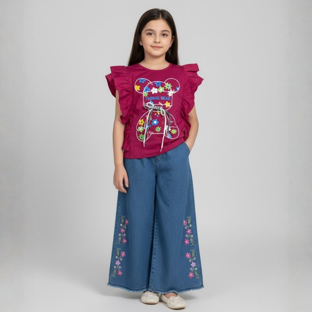 Girls Floral Denim Suit