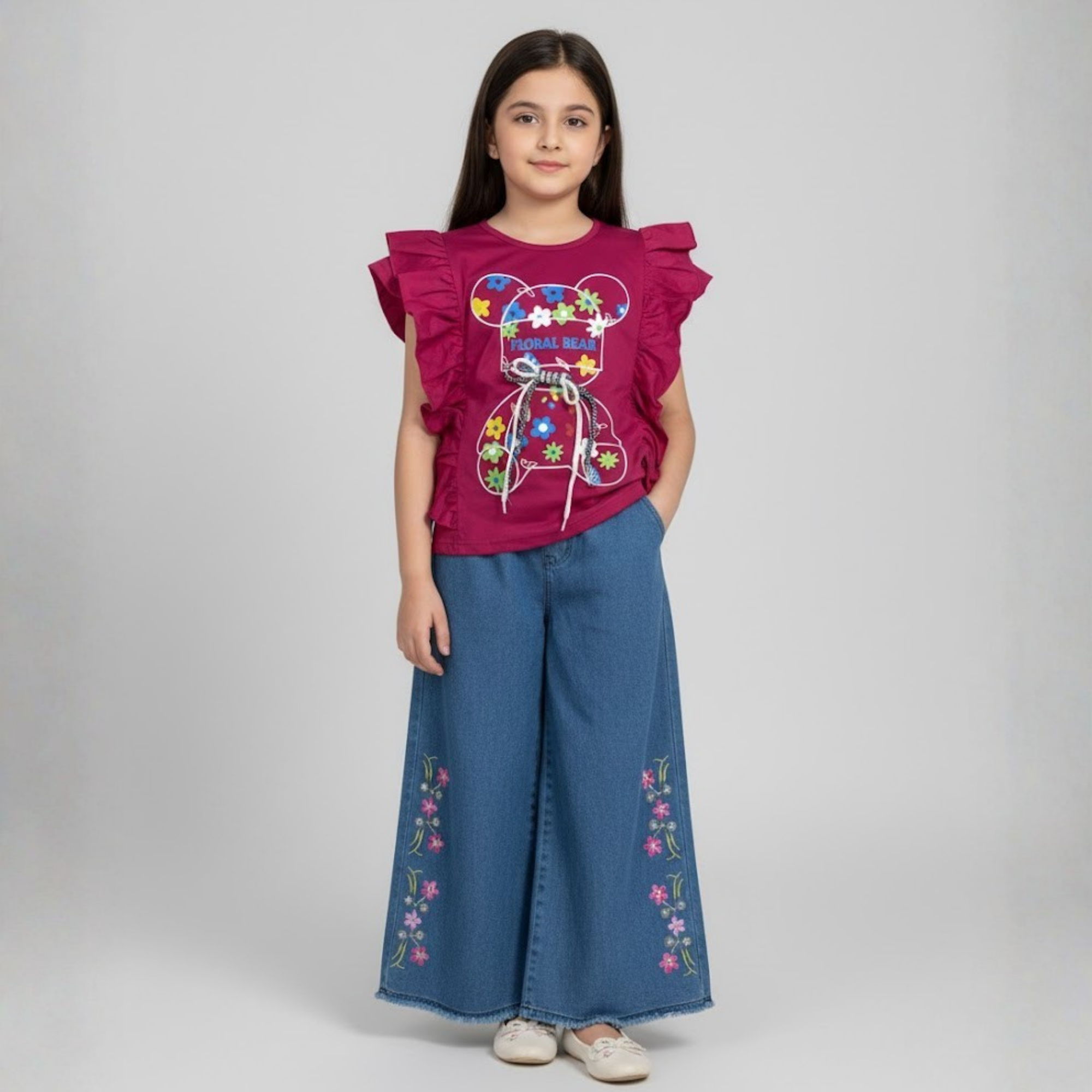 Girls Floral Denim Suit