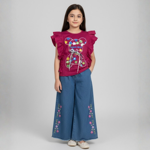Girls Floral Denim Suit