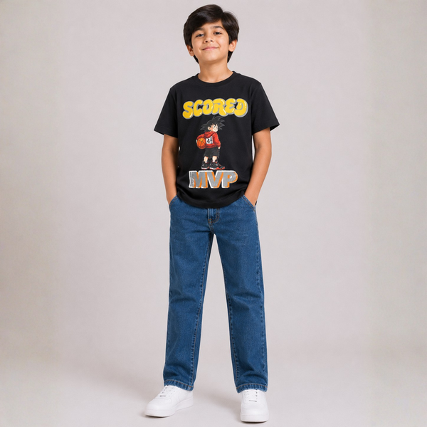 Boys Black Graphic T-Shirt & Blue Denim Jeans Set