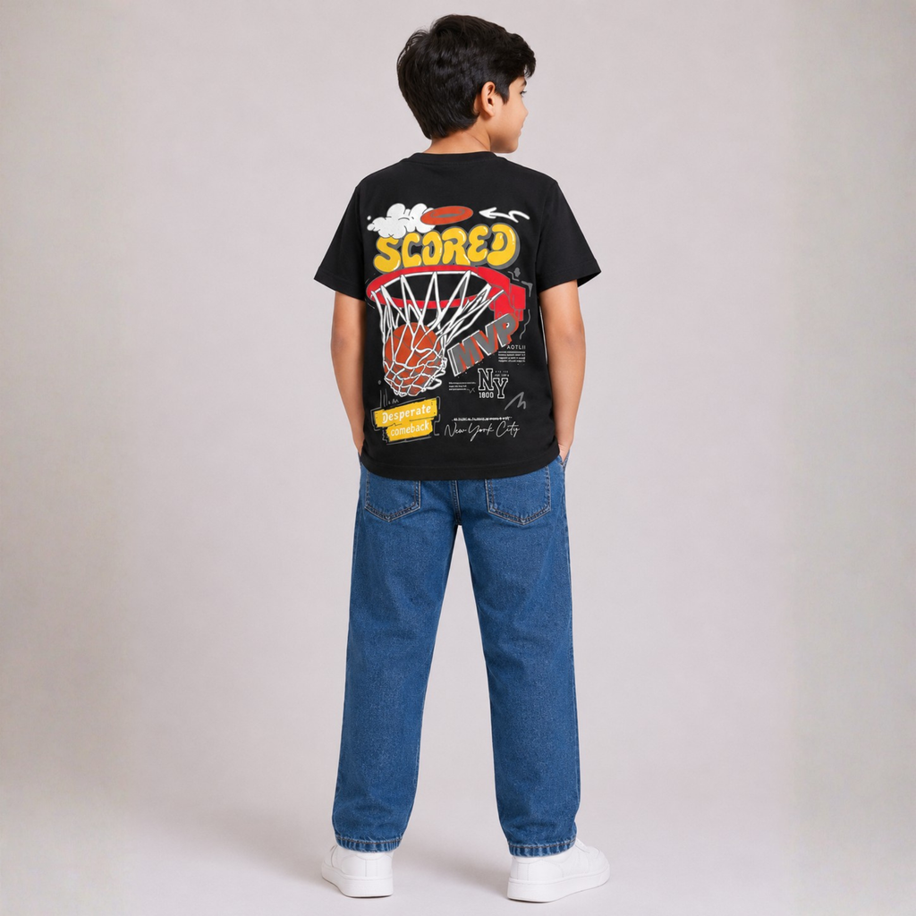 Boys Black Graphic T-Shirt & Blue Denim Jeans Set