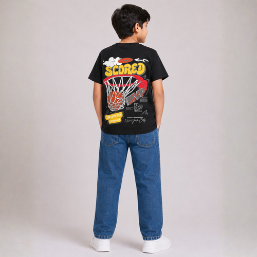 Boys Black Graphic T-Shirt & Blue Denim Jeans Set