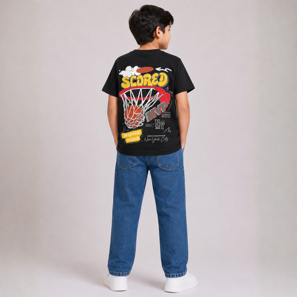 Boys Black Graphic T-Shirt & Blue Denim Jeans Set
