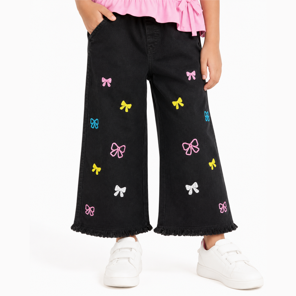 Girls Pink T-Shirt & Black Embroidered Denim Jeans Set