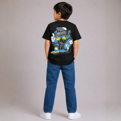 Boys Black Graphic T-Shirt & Blue Denim Jeans Set