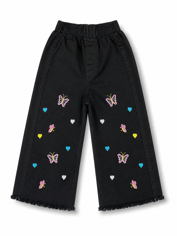 Girls Black Embroidered Denim Jeans