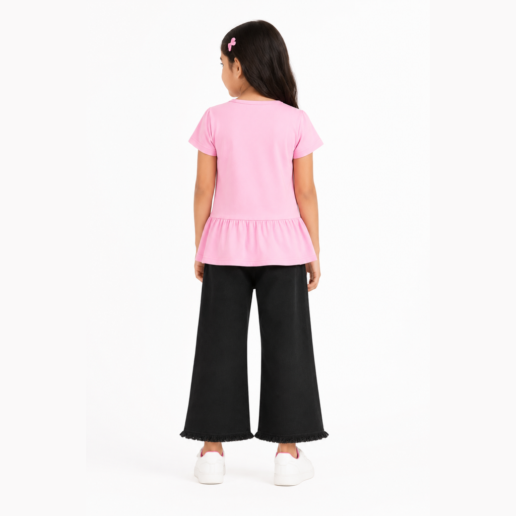 Girls Pink T-Shirt & Black Embroidered Denim Jeans Set