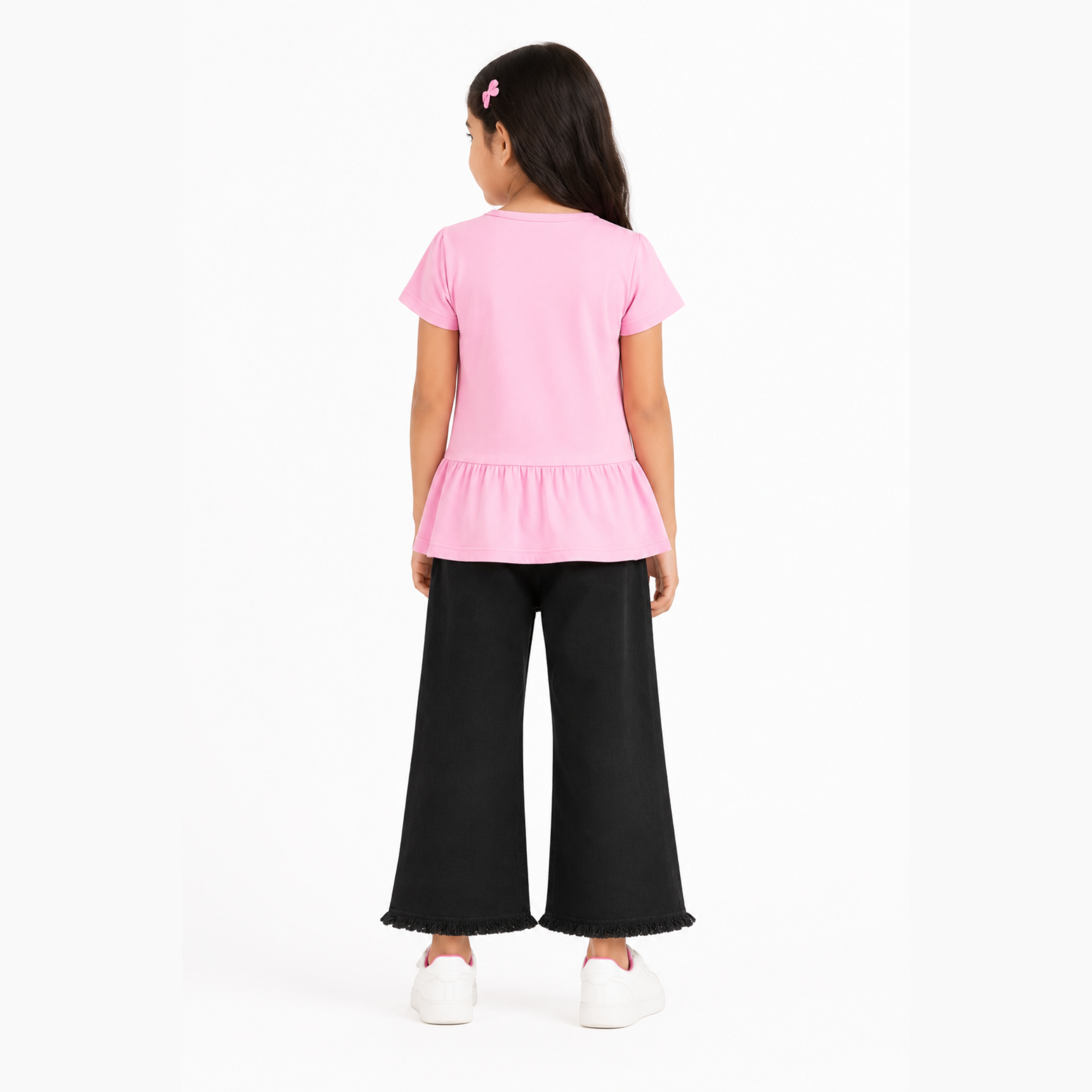 Girls Pink T-Shirt & Black Embroidered Denim Jeans Set
