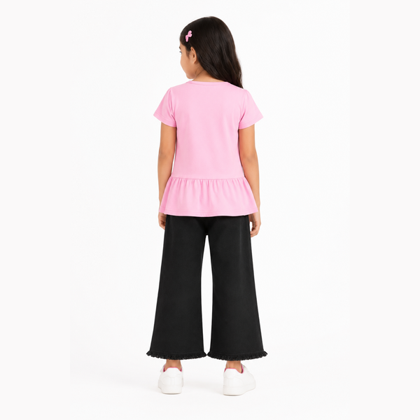 Girls Pink T-Shirt & Black Embroidered Denim Jeans Set