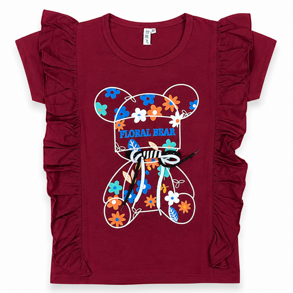 Girls Floral Bear Graphic T-Shirt