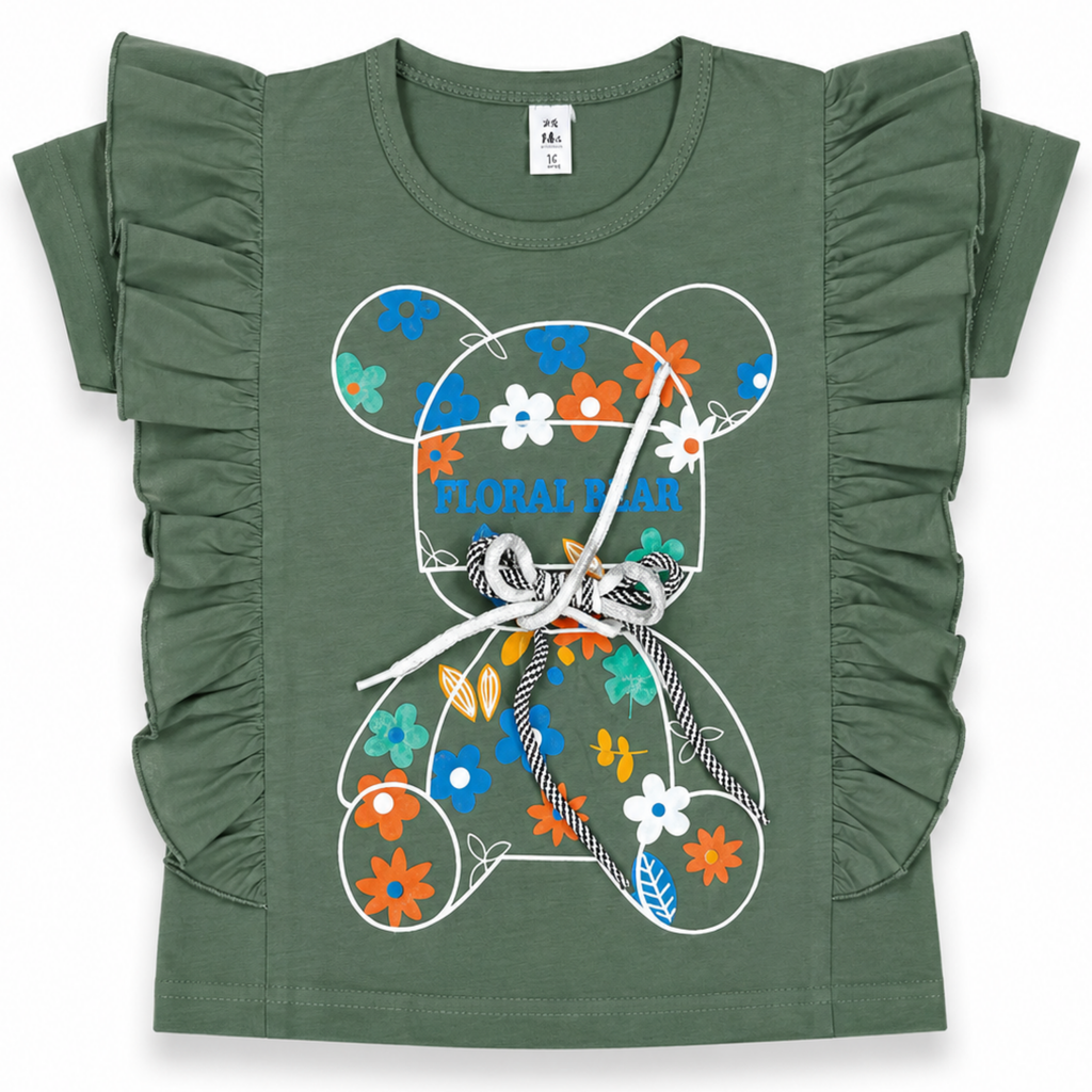 Girls Floral Bear Graphic T-Shirt