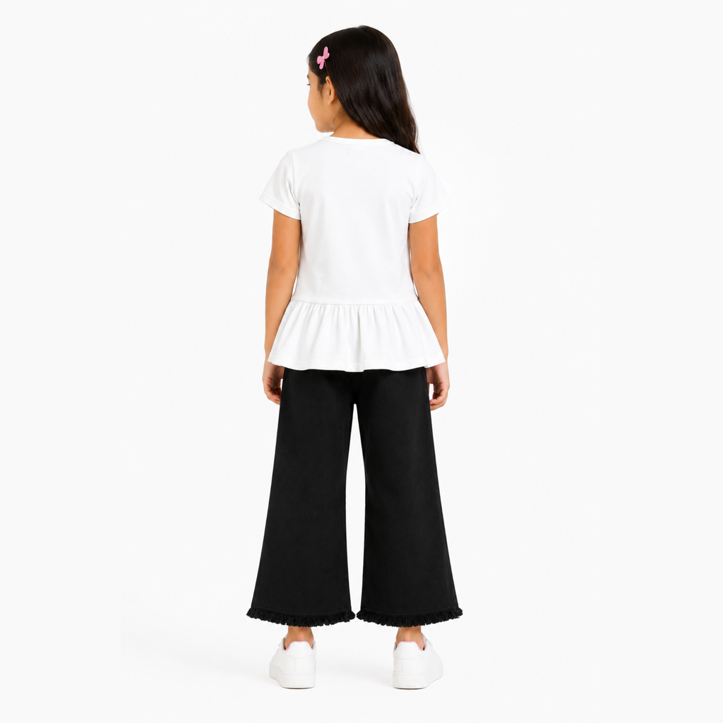 Girls T-Shirt & Black Embroidered Denim Jeans Set
