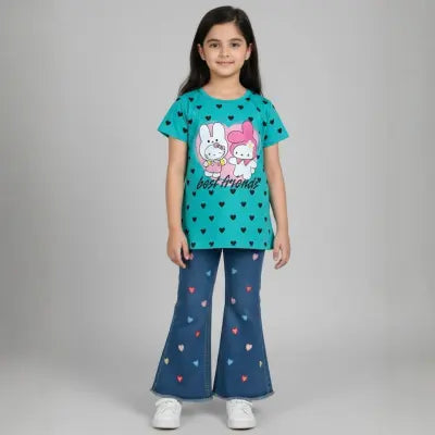 T Shirts For Girls T Shirt And Jeans Flapper For Girls Set Baby Jeans/Pents, Kids Beggy Jeans/Pents, Kids Flapper Jeans/Pents Bell Bottom Denim Jeans For Girls Bell Bottom Jeans Pant For Kids Girls Bell Bottom Jeans & Cotton T-Shirt Set | Kids Flapper