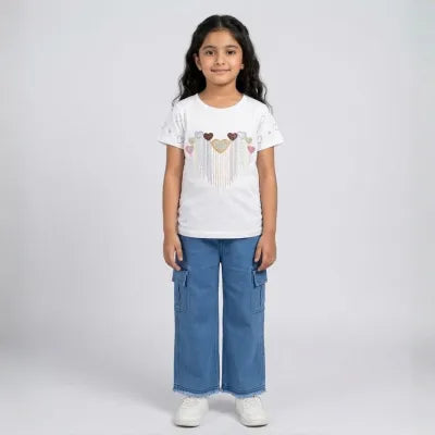 Girls Half Sleeve T-Shirt and cargo baggy jeasn set for Kids Girls Pakistan – Stylish Cotton T Shirt Age 2–8 Years t shirt and baggy jeasn for girls set Baggy Jeans For Girls Buy Flapper Jeans For Girls Waist Wide Leg Fashion Denim Jeans For Kids