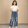 Printed Baggy Jeans for Girls | Kids High Waist Wide Leg Denim Pants | Trendy Daily Wear | baggy jeans for girls Highwaist Wide Leg Denim Jeans for kids, Stylish and Comfortable Girls Baggy Denim Jeans Navy Blue & Ice Blue | Wide Leg Jeans for Girls