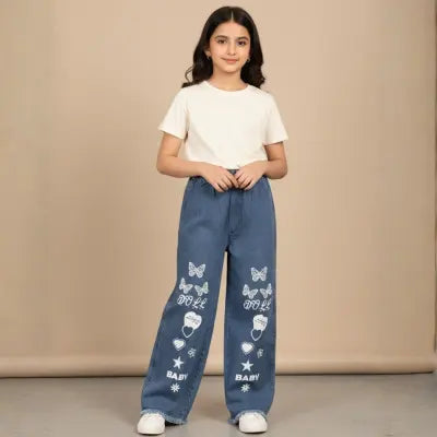 Printed Baggy Jeans for Girls | Kids High Waist Wide Leg Denim Pants | Trendy Daily Wear | baggy jeans for girls Highwaist Wide Leg Denim Jeans for kids, Stylish and Comfortable Girls Baggy Denim Jeans Navy Blue & Ice Blue | Wide Leg Jeans for Girls